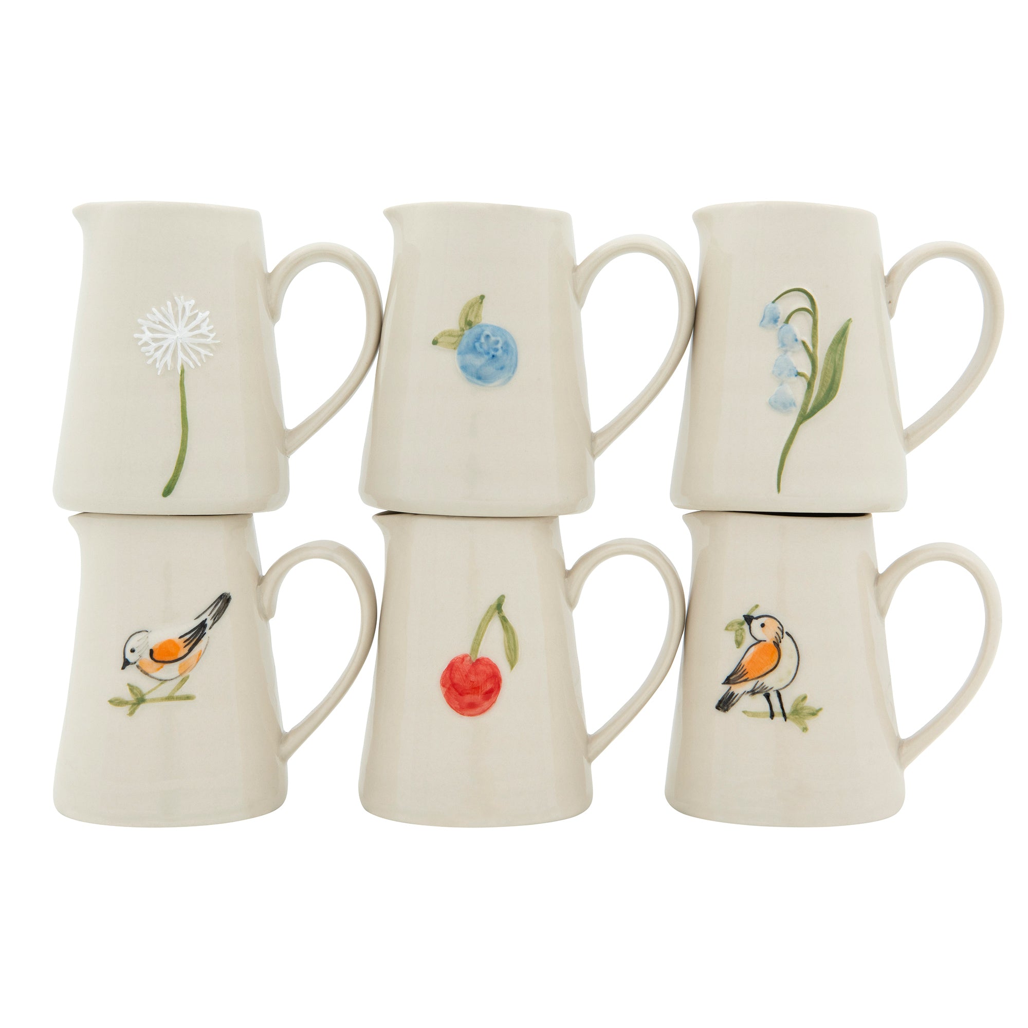 Hand-Painted Stoneware Creamer with Embossed Birds (Set of 6)